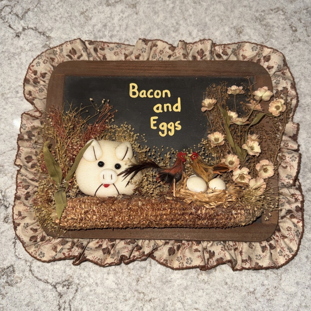 Country Folk Art Bacon Eggs Framed Wood Wall Hanging OOAK Vintage Cottage 11x9
